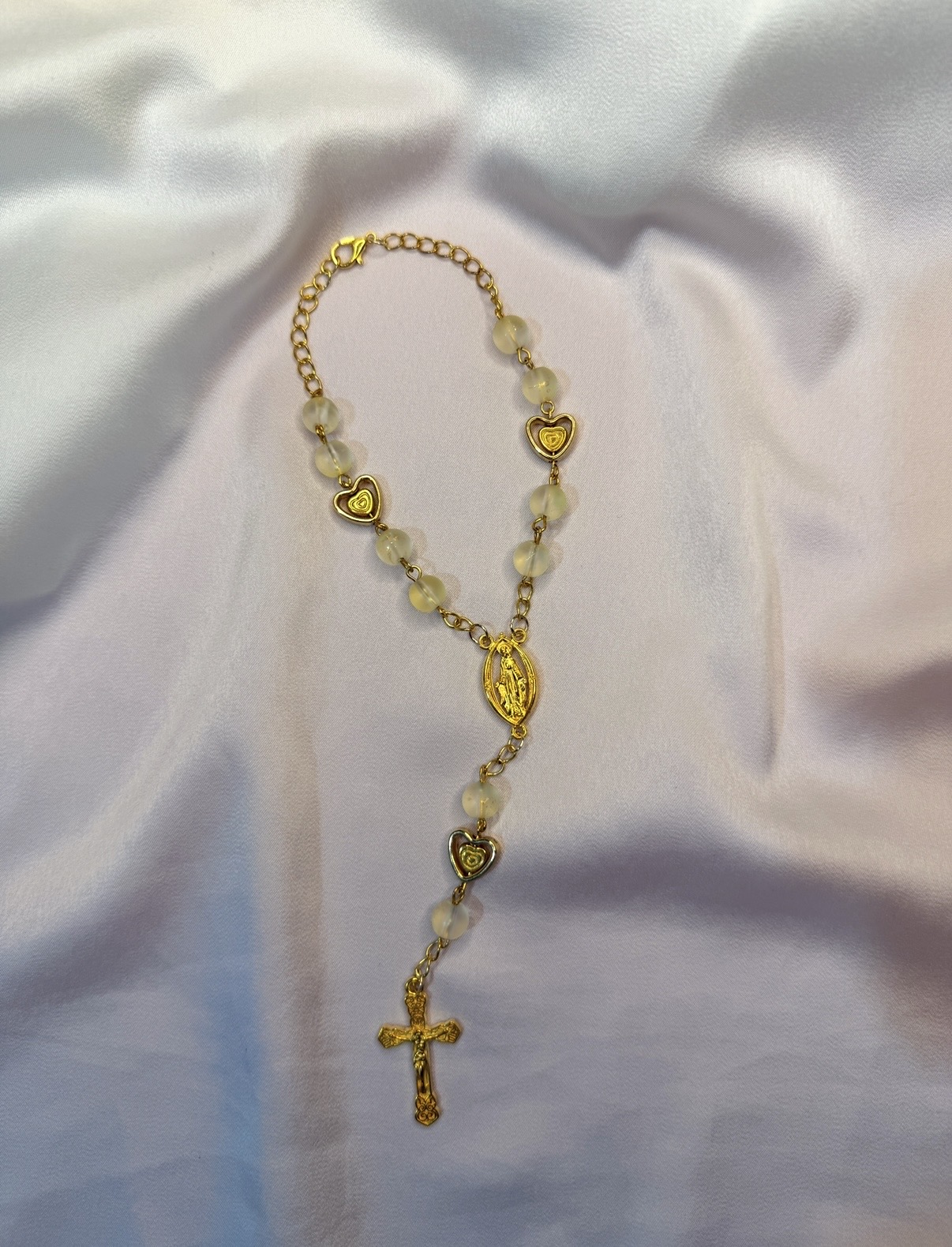Sunshine Car Rosary with pale yellow beads and gold heart accents
