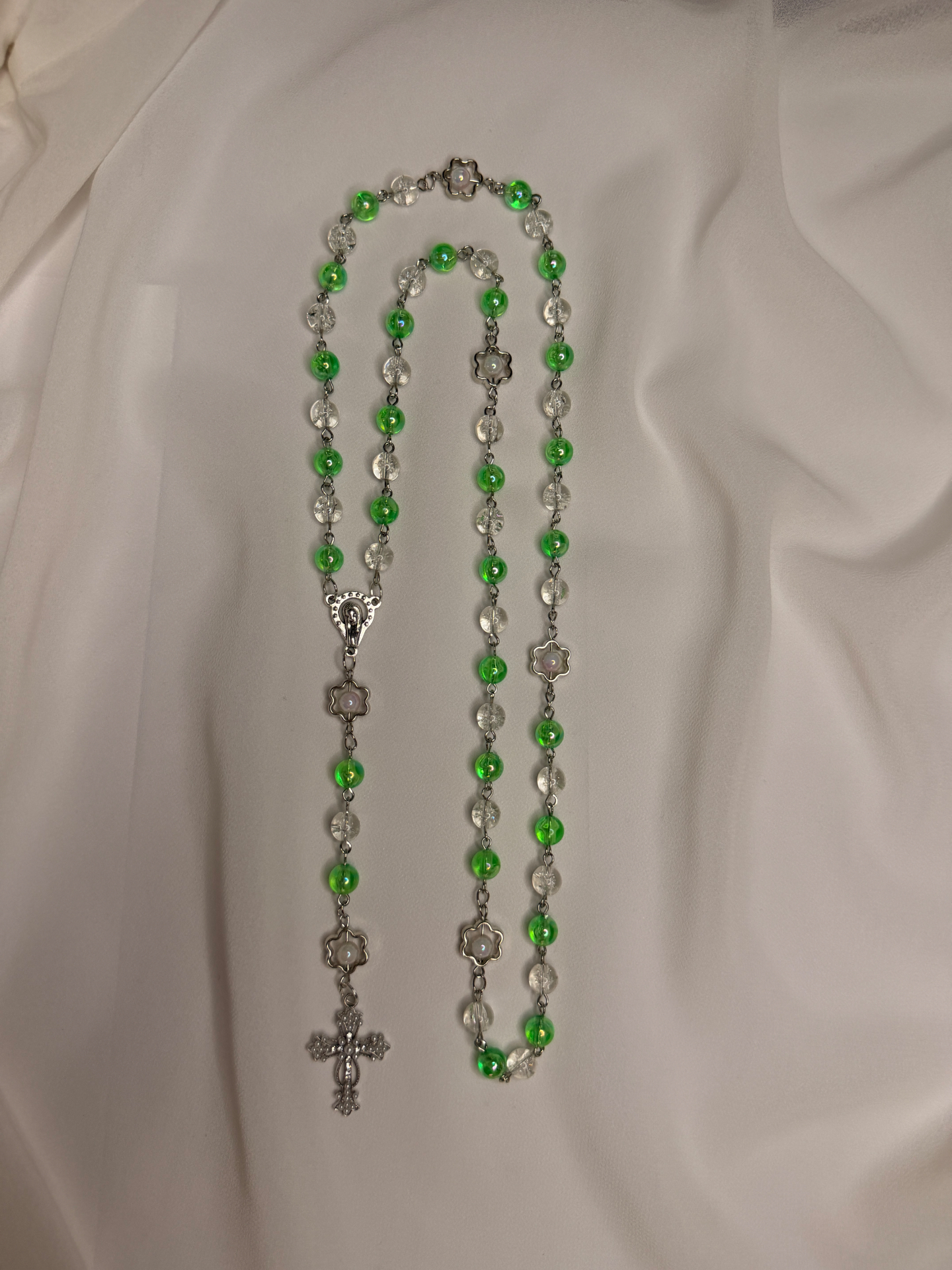 Spring of Grace full rosary with lime green crackle glass beads, silver flower accents and an ornate silver crucifix