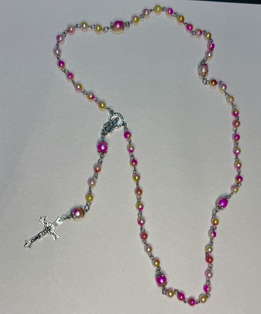 Ombré pink and pearl full rosary with Miraculous Medal centerpiece and silver crucifix